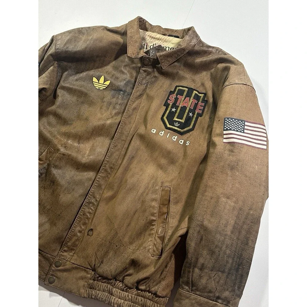 Vintage 80s Adidas Leather Jacket Distressed Patchwork Map Lined USA Men’s Large